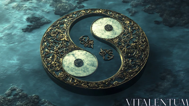 Ornate yin yang medallion resting on a dreamy teal sea.
