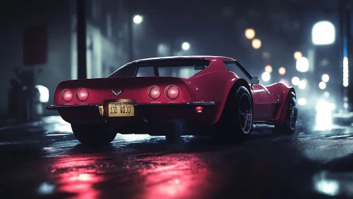 Red classic sports coupe sits on wet city street at night
