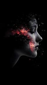 Digital profile portrait with dissolving cosmic pigments.