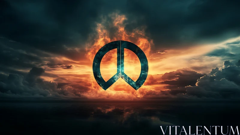 Peace symbol over fiery horizon and dark storm clouds.