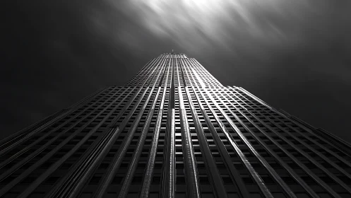 Monochrome upward view of tall geometric office tower.