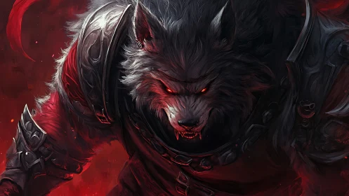 Armored werewolf figure occupies a red, low key frame
