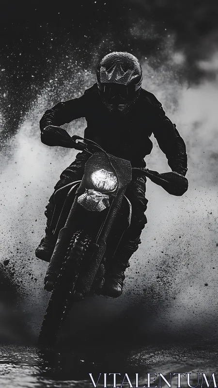 Off-road motorcyclist moving through wet terrain at night.