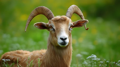 Horned goat in green meadow with blurred wildflower backdrop.