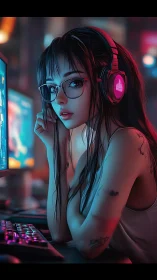 Focused gamer girl at RGB PC setup in neon room.