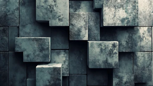 Weathered concrete cubes form layered brutalist relief wall