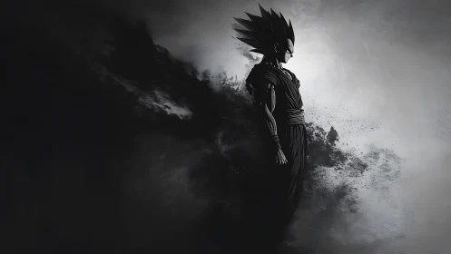 Silhouetted spiky-haired figure stands amid dispersing smoke