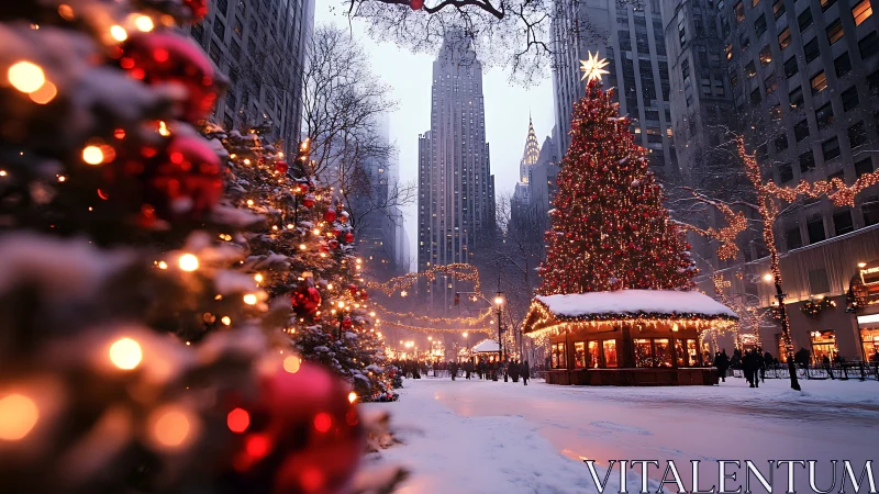 Snow-covered urban plaza displays illuminated Christmas trees