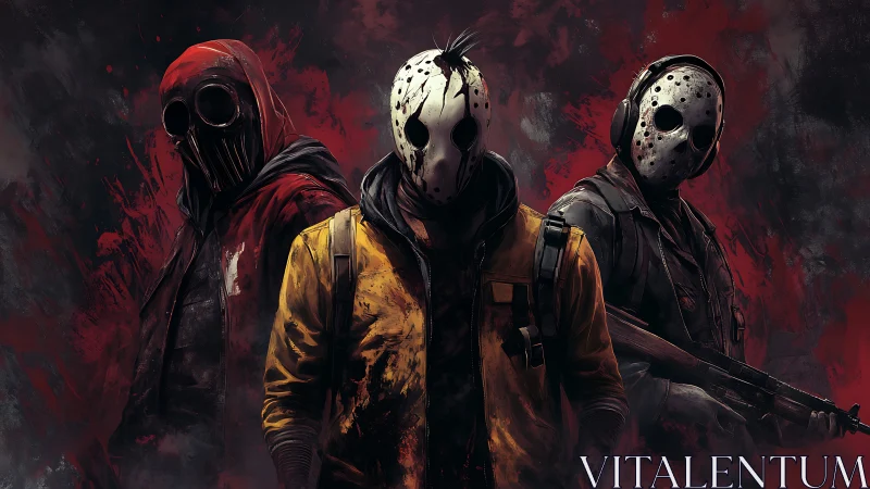 Masked urban hunters stand in blood‑red abstract haze