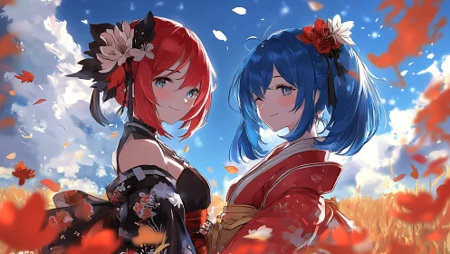 Autumn kimono duet under dynamic sky and drifting foliage.