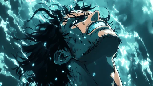 Anime man underwater lifting head in intense struggle.