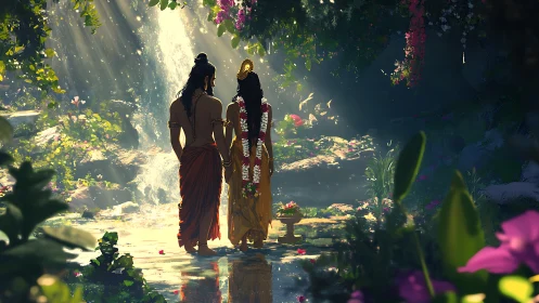 Two robed figures stand before a waterfall in dense forest