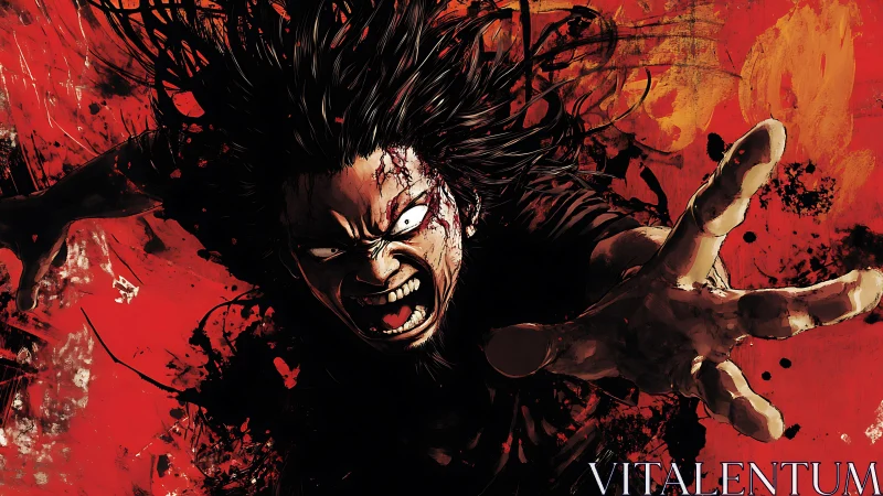 Frenzied figure lunging forward in intense red chaos.