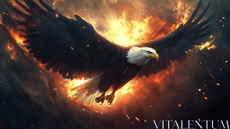 Majestic Bald Eagle Soaring Amid Explosive Flames, Digital Art.