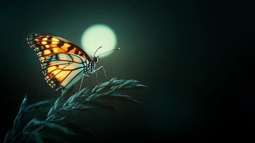 Moonlit butterfly rests softly on glowing twilight grass