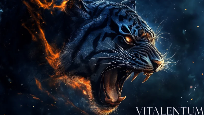 Digital painting of a roaring infernal tiger head profile.