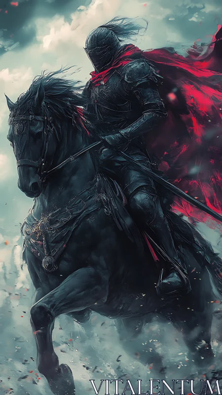 Dark armored knight on black warhorse with red cloak.