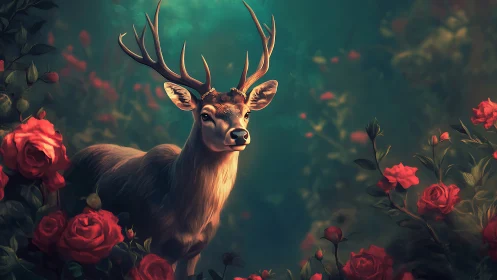 Stately stag stands serenely amid glowing red roses.