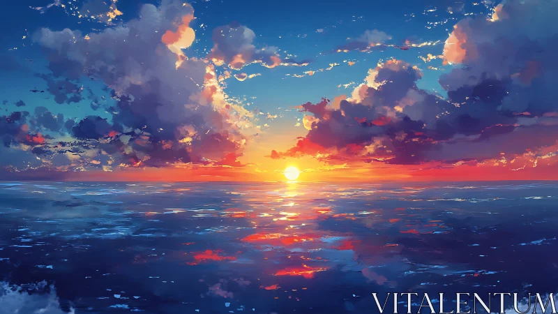 Hyperchromatic ocean horizon sunset with stratocumulus clouds