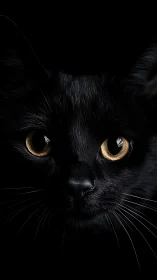 Black Cat with Piercing Amber Eyes Against Dark Background