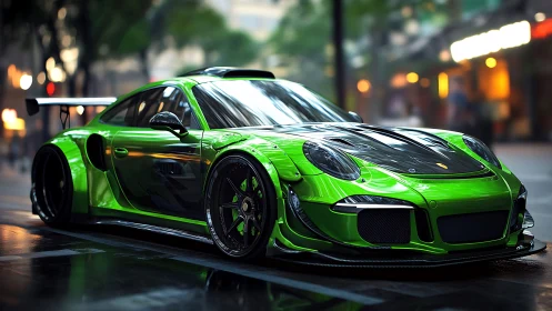 Vivid green widebody supercar glows under wet city lights