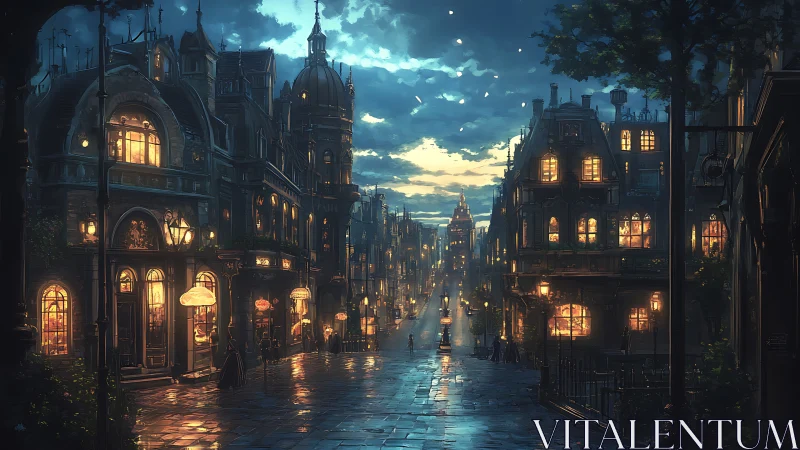 Nocturnal gaslit boulevard with neo-gothic facades and rain sheen.