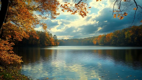 Autumn forest lake shimmers under dramatic afternoon clouds.