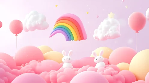 Pastel 3D rainbow scene with clouds, balloons, and bunnies.