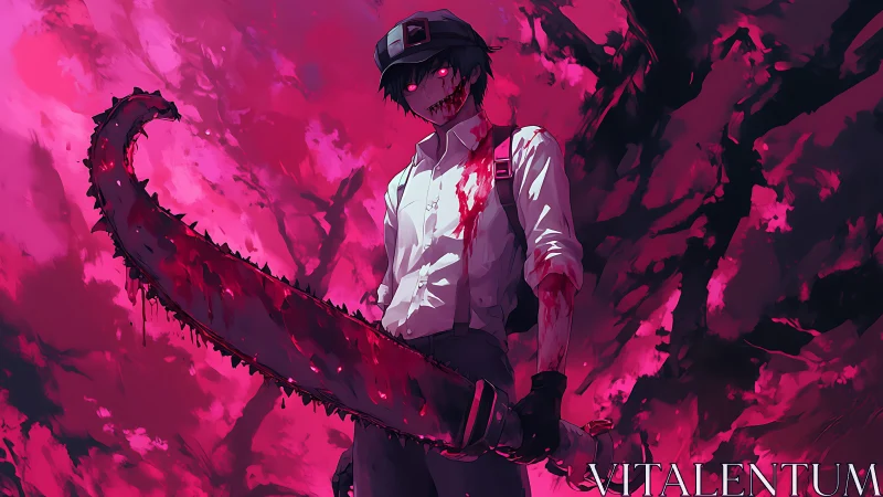 Bloodstained figure with oversized chainsaw in red mist.