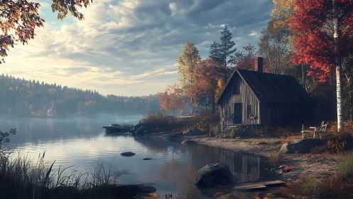 Lakeside cabin under soft autumn light at calm sunrise.