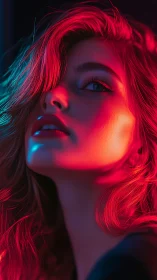Neon portrait with dramatic red blue cinematic lighting.