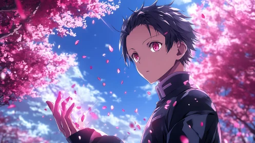 Chromatic anime portrait beneath dynamically lit sakura canopy.
