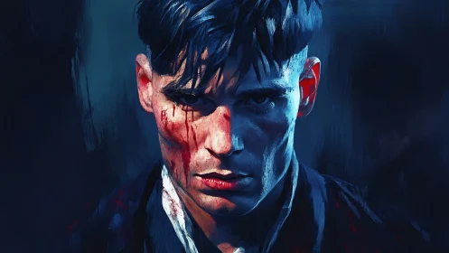 Battle-worn man in high-contrast blue-red chiaroscuro portrait