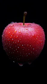 Midnight crimson apple crowned in glittering dew drops.