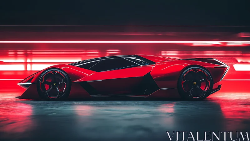 Aerodynamic crimson hypercar in high-velocity tunnel simulation.