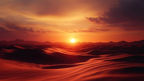 Desert sunset ignites rolling dunes with molten light.