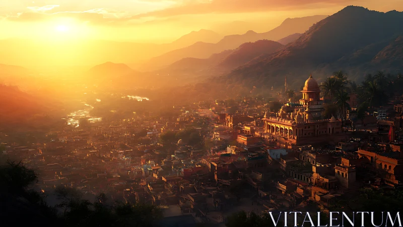 Sunlit hill-town temple glowing in a river of molten dusk.