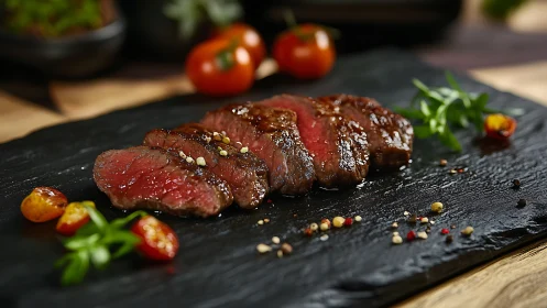 Velvet rare steak jewels on midnight slate platter.