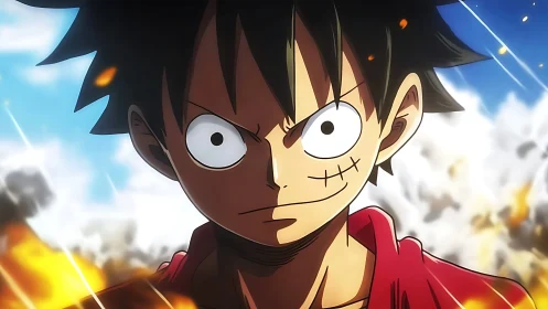 Determined anime hero standing bold amid glowing sparks.