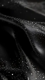 Glistening droplets sparkle across folded black satin fabric.