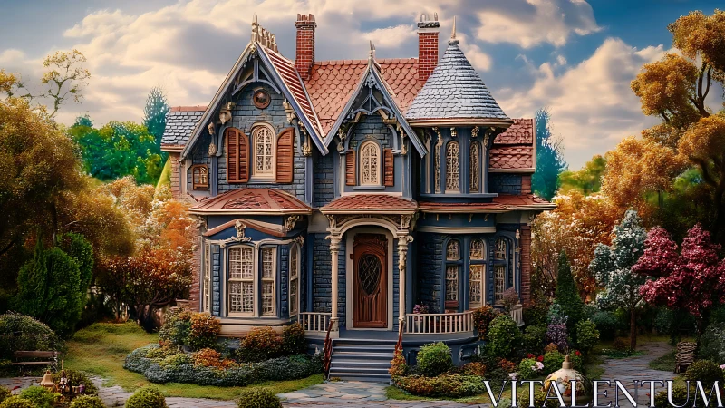 Victorian blue manor with ornate trim in lush spring garden.