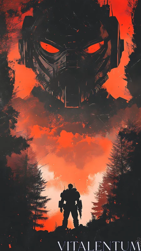 Mech soldier silhouette under ominous mechanized skull horizon.