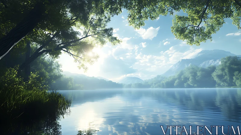 Gentle morning light over a calm forest lake and soft hills.