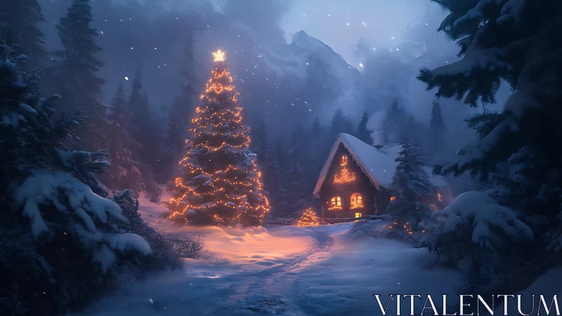 Cozy winter cabin and glowing Christmas tree in snowfall.