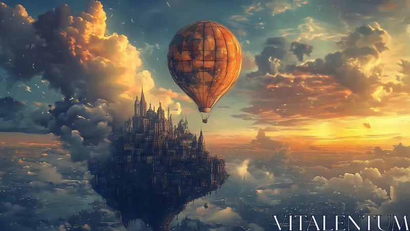Floating steampunk city tethered to glowing air balloon.