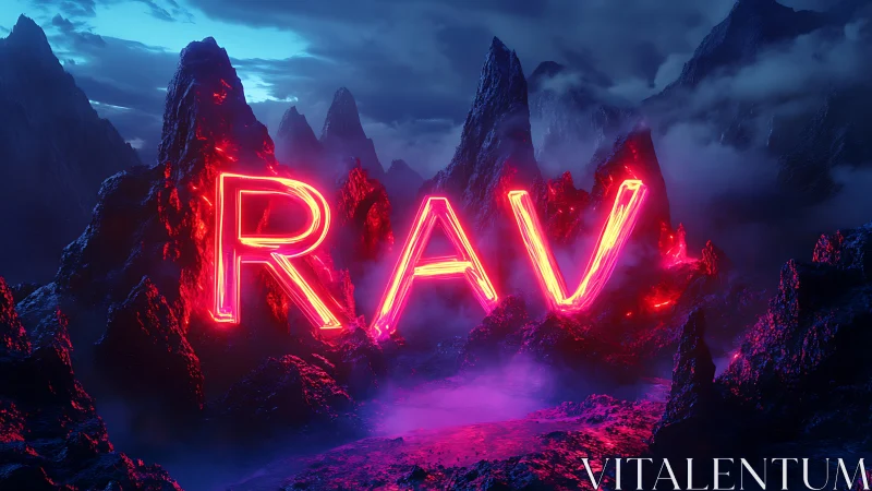 Neon RAV monoliths ignite a stormy alien ravine.