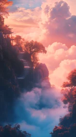 Vertical temple ascent above sunset cloud valley landscape.