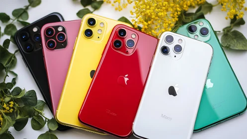 Colorful iPhone lineup rests in a bright, blooming garden