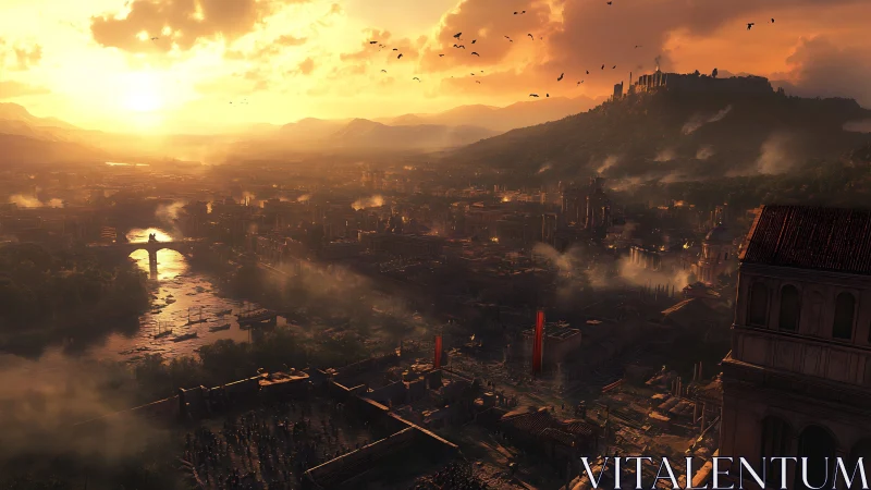 Sunlit ancient metropolis with volumetric haze and citadel.
