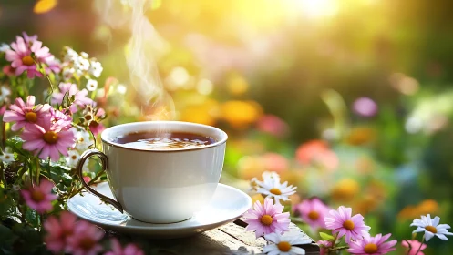 Steaming Tea Cup Among Garden Flowers in Golden Sunlight